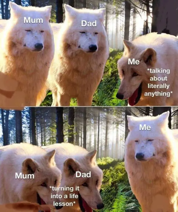 Family memes Mum Dad Me *talking about literally anything* Me Mum Dad *turning it into a life lesson*