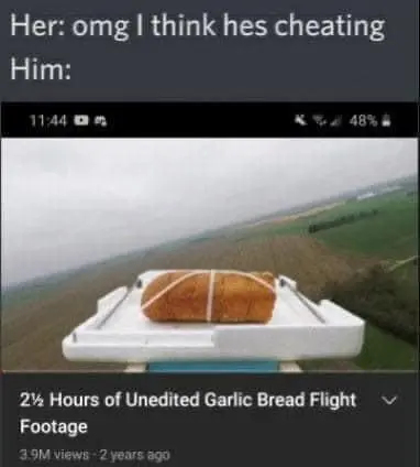 Garlic Bread Memes Her: omg I think hes cheating Him: 2 Hours