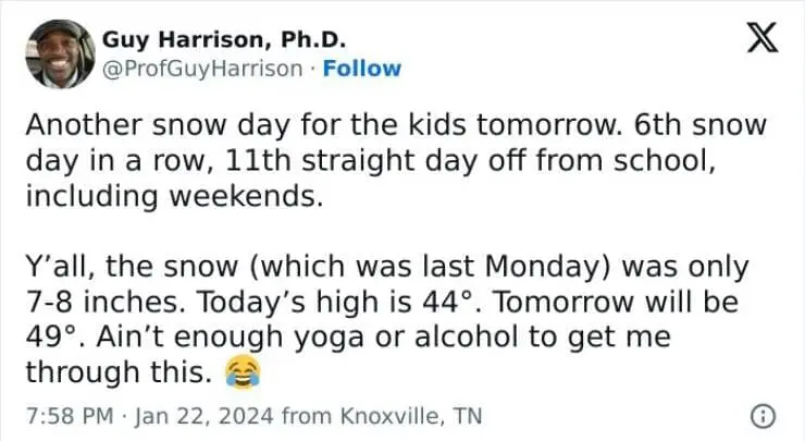 Snow Day Memes Another snow day for the kids tomorrow. 6th snow day in a row, 11th straight day off from school, including weekends. Y'all, the snow (which was last Monday) was only 7-8 inches. Today's high is 44°. Tomorrow will be 49°. Ain't enough yoga or alcohol to get me through this.
