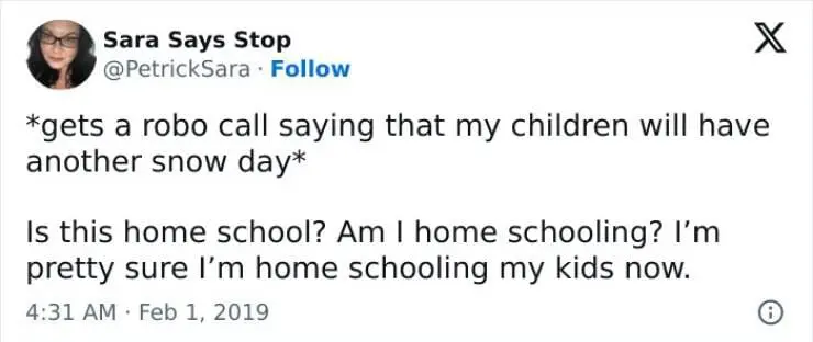 Snow Day Memes *gets a robo call saying that my children will have another snow day* Is this home school? Am I home schooling? I'm pretty sure I'm home schooling my kids now.