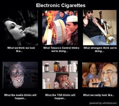 Electronic Cigarettes What we think we look like... What Tobacco Control thinks we're doing... What strangers think we're doing... What the media thinks will happen... What the TGA thinks will happen... What we really look like...