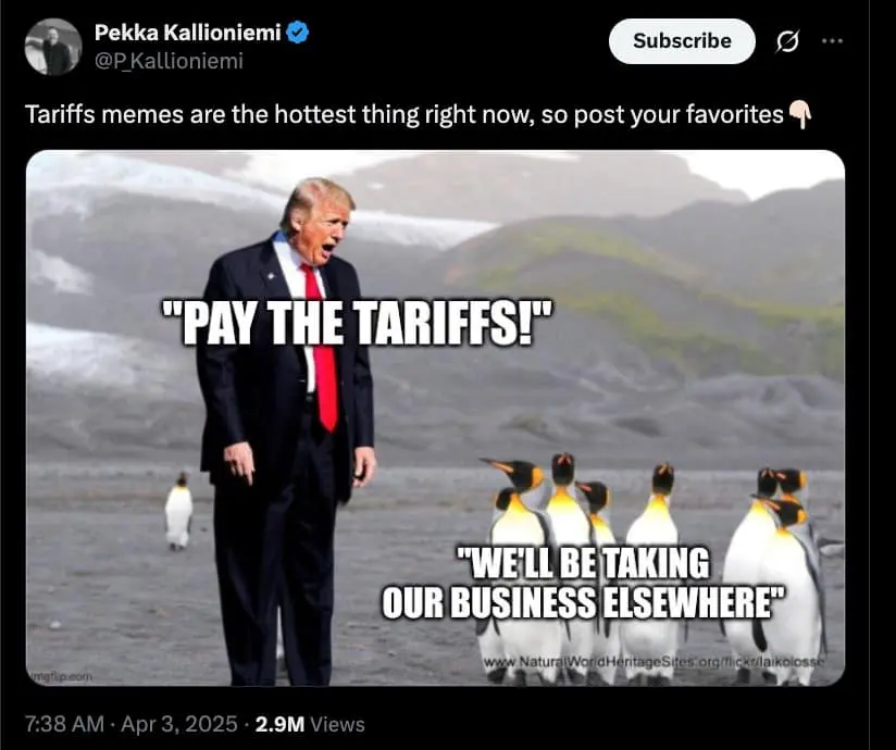 penguin tariff memes, trump tariff memes, funny tariff memes, Trump economic policy memes, penguin memes, trade war humor, customs comedy, economic jokes, Trump finance satire, tariff jokes, political economy memes