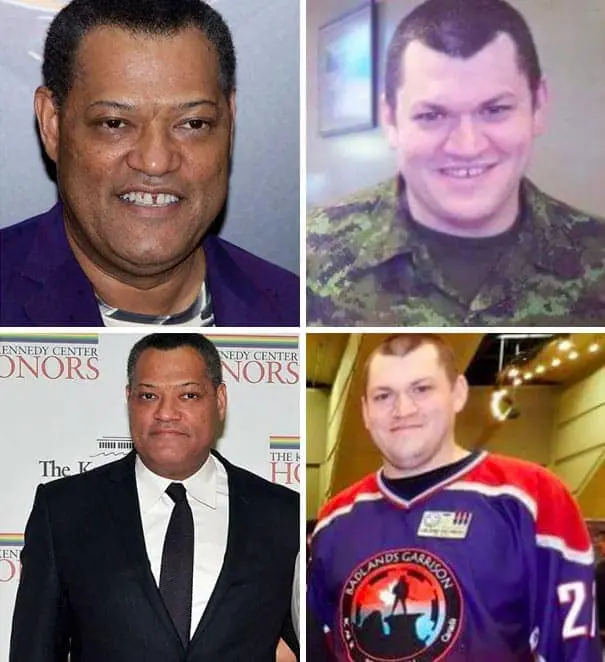 Two-by-two grid of Laurence Fishburne and a man in similar poses and clothing.