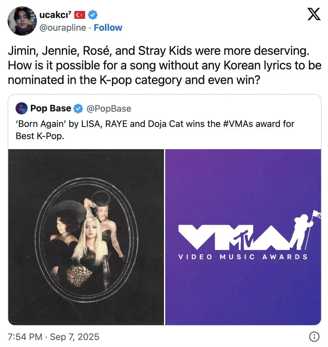 Split graphic—moody trio portrait on the left, purple VMA astronaut logo on the right