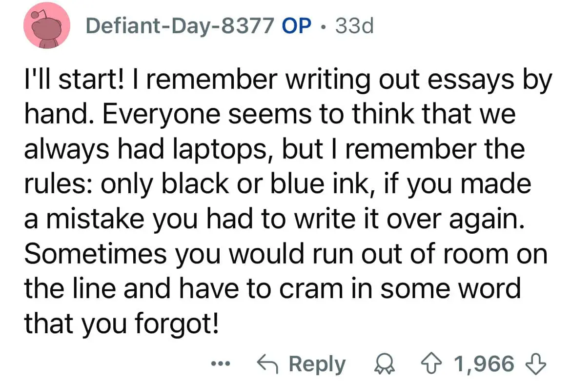 Millennial experience detailing the struggle of handwritten essays and mistakes.