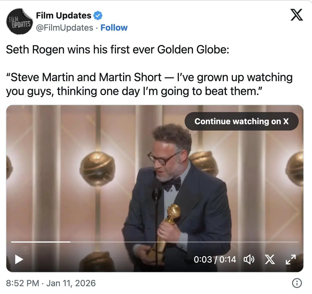 A 2026 Golden Globes meme showing Seth Rogen accepting his first award and joking about beating Steve Martin.