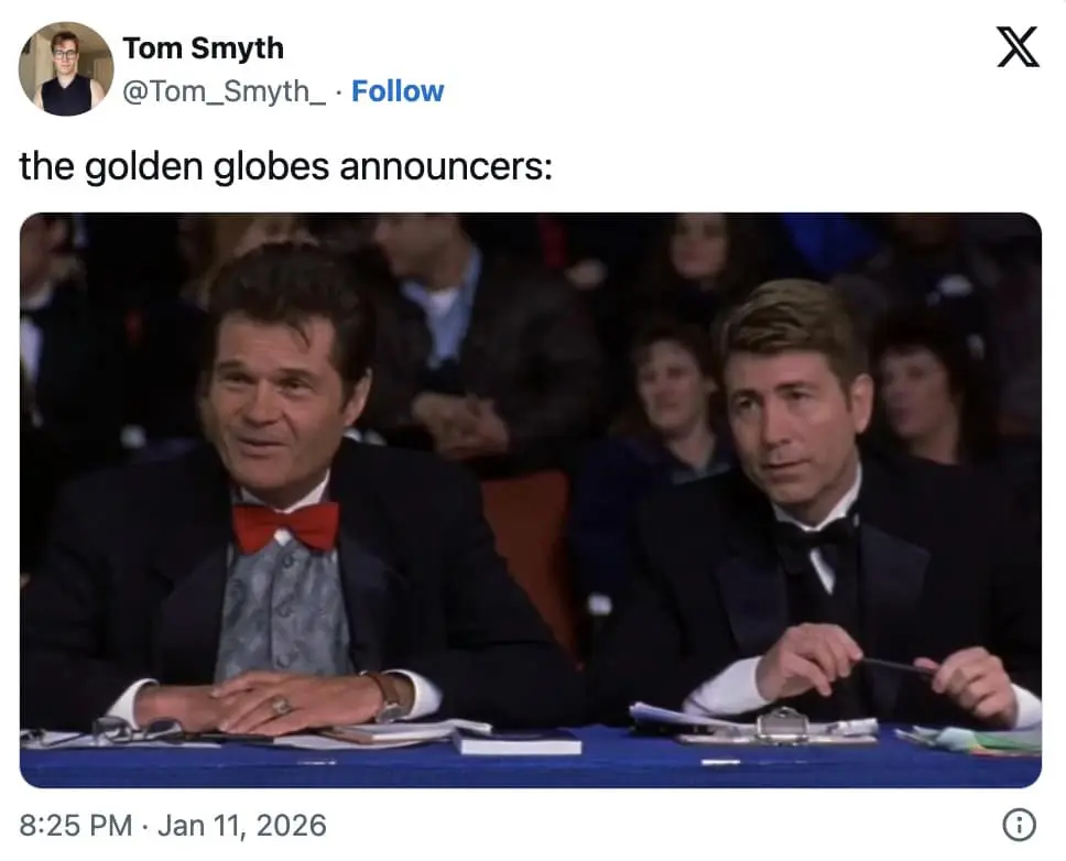 A 2026 Golden Globes meme using the announcers from Best in Show to represent the awards show hosts.