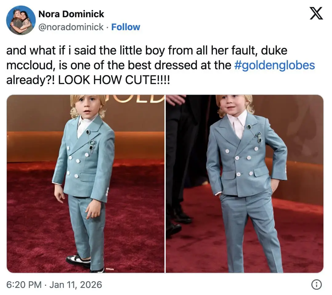 A 2026 Golden Globes meme featuring child actor Duke McCloud in a blue suit being called the best dressed.