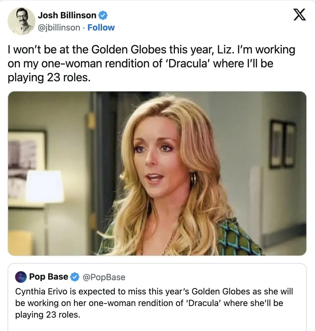 A satirical 2026 Golden Globes meme tweet claiming Cynthia Erivo missed the show to perform a one-woman Dracula.