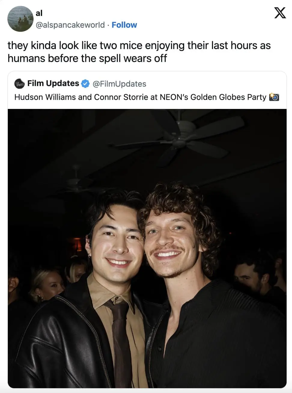 A 2026 Golden Globes meme comparing Hudson Williams and Connor Storrie to mice turned into humans by a spell.