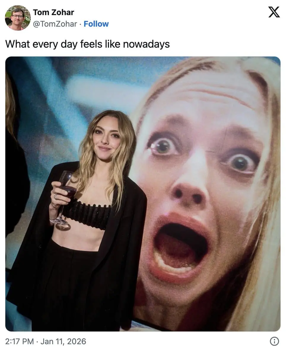 A 2026 Golden Globes meme of Amanda Seyfried posing calmly next to a poster of her own screaming face.