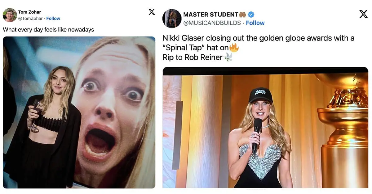 Collection of 2026 Golden Globes meme highlights including Sean Penn's hair and Amanda Seyfried's screaming poster