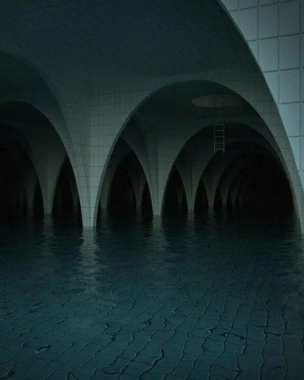 A liminal space creepy poolroom with dark water, stone arches, and a ladder leading nowhere.