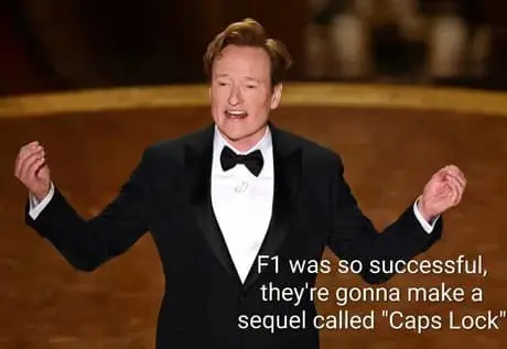 Conan O'Brien delivers a pun-heavy monologue joke about a "Caps Lock" sequel to F1 in this viral highlight from the 2026 Oscars memes cycle