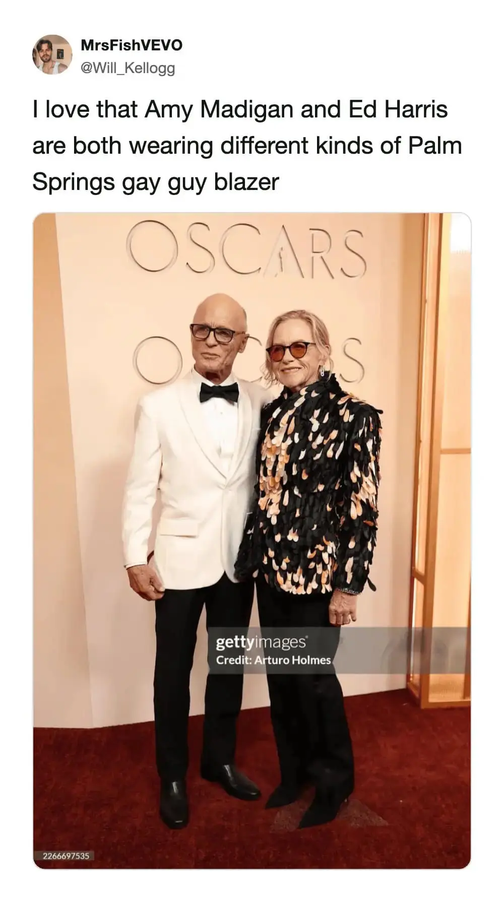 Red carpet fashion gets a specific and hilarious critique in this 2026 Oscars memes post, highlighting Amy Madigan and Ed Harris in what is described as "Palm Springs gay guy" inspired blazers.