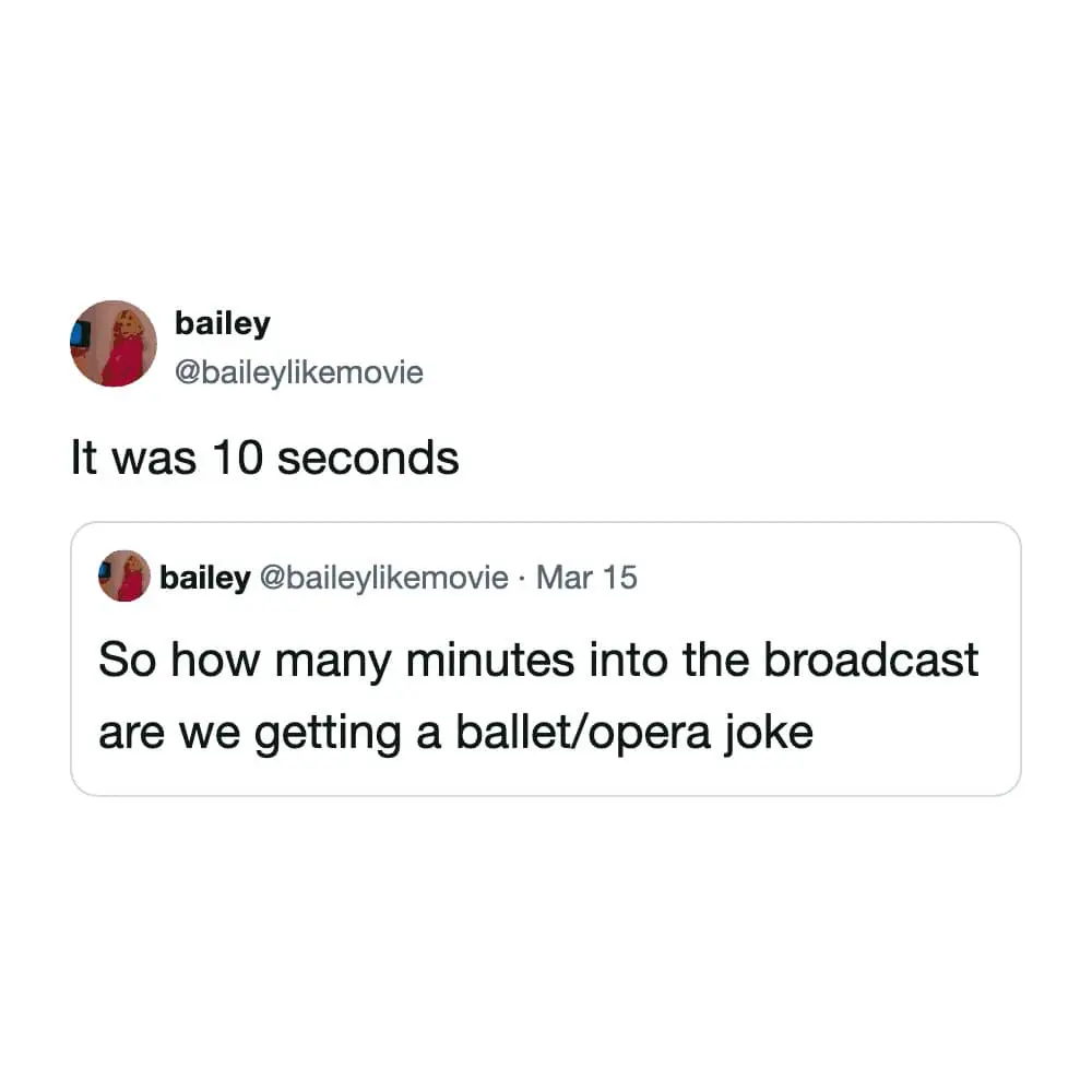 Predicting the predictable defines this 2026 Oscars memes highlight, which notes how it only took 10 seconds for the broadcast to land a joke about high-brow culture like ballet or opera