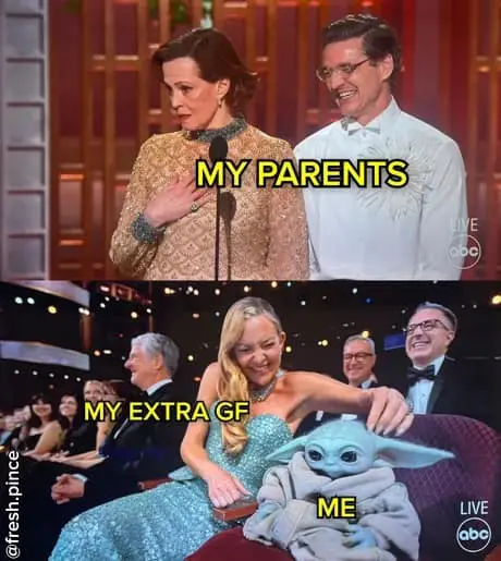 chaotic family dynamic is perfectly illustrated using a Grogu-petting Kate Hudson to represent an "extra" girlfriend in this relatable Oscars meme.