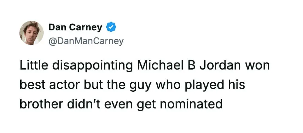 The hilarious confusion surrounding Michael B. Jordan’s award win is mocked in this witty tweet, a standout among 2026 Oscars memes