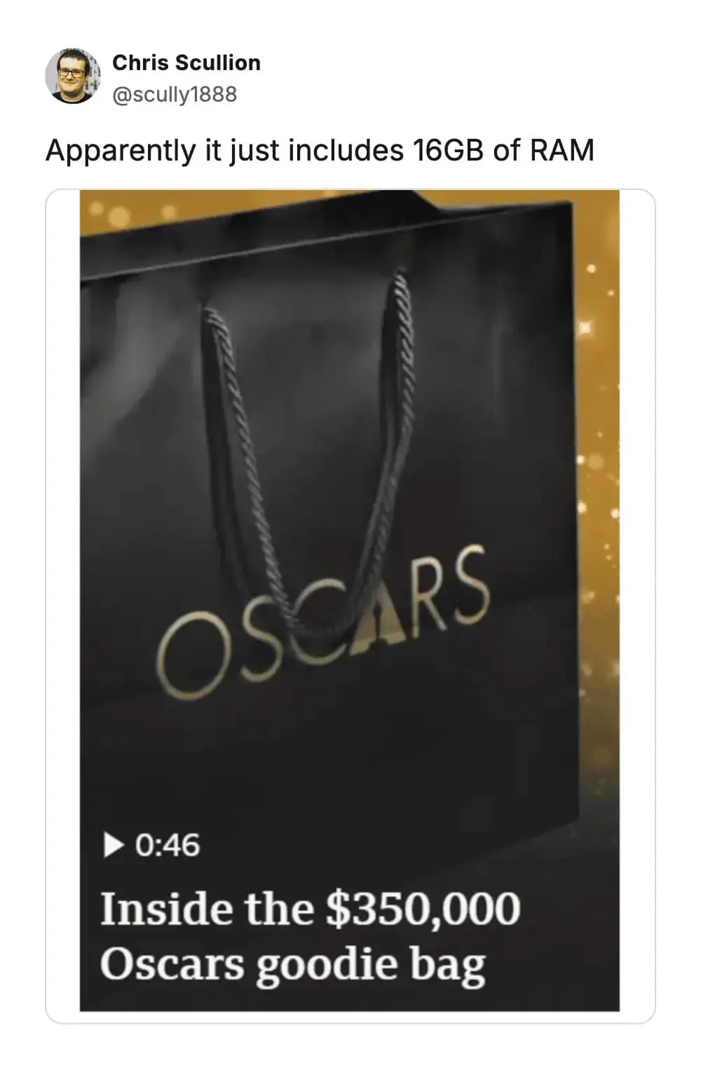 The absurdity of the $350,000 celebrity gift bag is skewered by a joke about it only containing 16GB of RAM in this viral 2026 Oscars memes post.