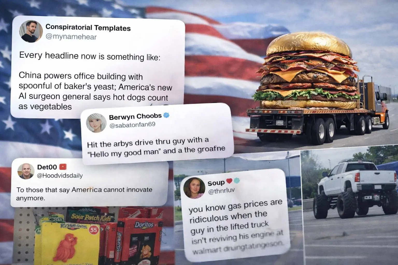 Uniquely American tweets about giant burgers, lifted trucks, Arby's greetings, and gas prices