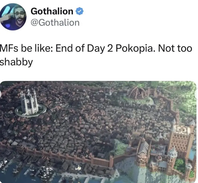 A text-based Pokopia meme praises the developers for giving the monsters a specific level of sentience where they bring the player gifts like sticks but also continue to eat dirt and chase their own tails.