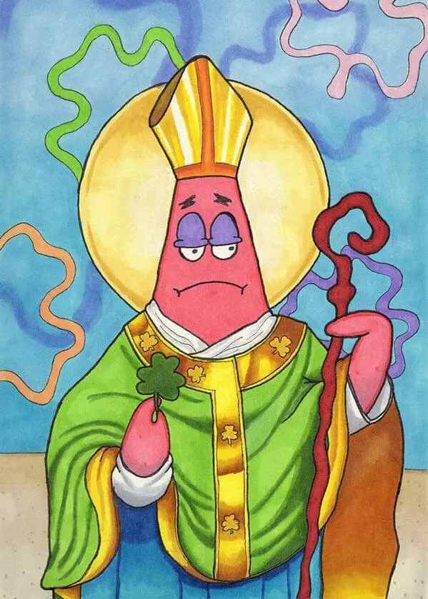 Patrick Star gets a divine makeover in this artistic irish meme, depicted in a mitre and robes as "Saint Patrick Star," looking characteristically confused while holding a traditional shamrock.