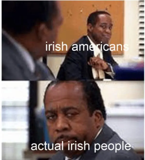 Stanley Hudson from The Office provides the perfect contrast in this St Patrick's day meme, showing a rare smile for enthusiastic "Irish Americans" and a stone-faced, judgmental glare representing "Actual Irish people."