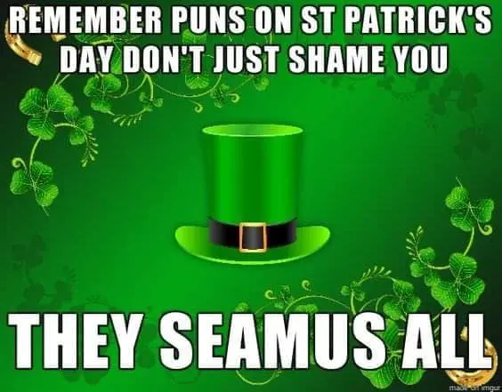 Surrounded by a border of shamrocks and gold horseshoes, this St Patrick's day meme delivers a heavy-duty pun: "Remember puns on St Patrick's Day don't just shame you. They Seamus all."