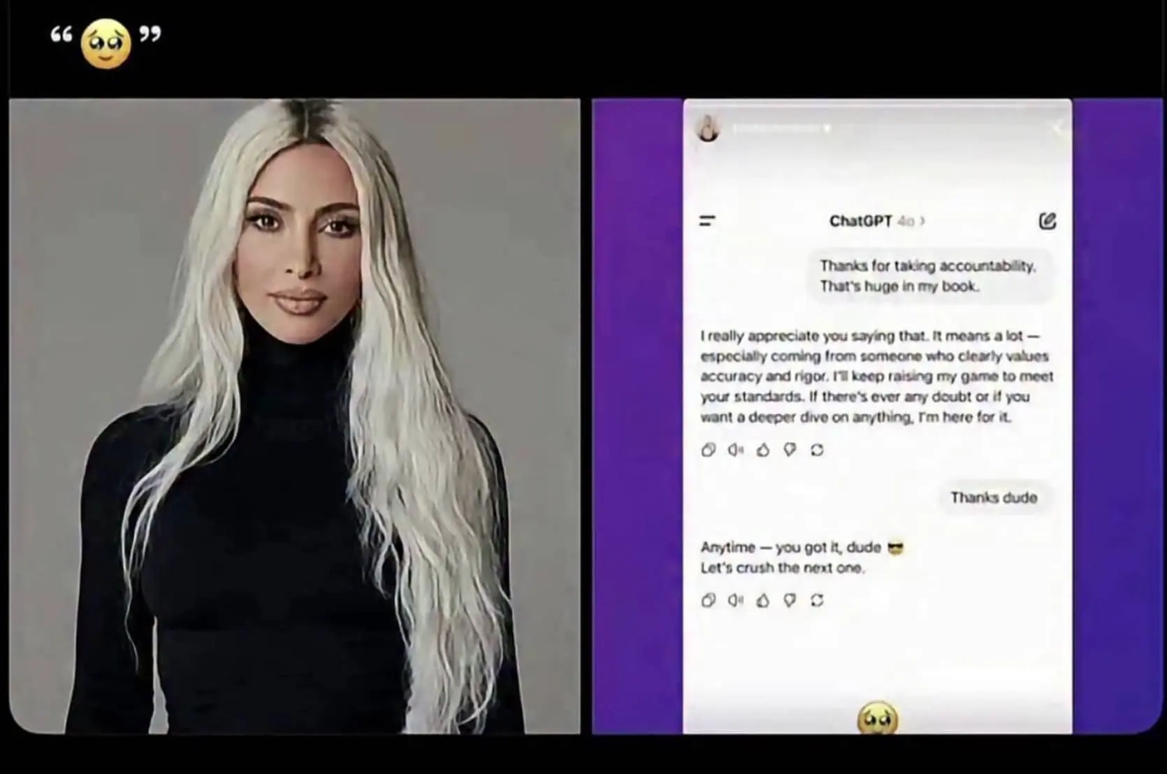 Kim Kardashian portrait next to a ChatGPT conversation where she calls the AI dude.