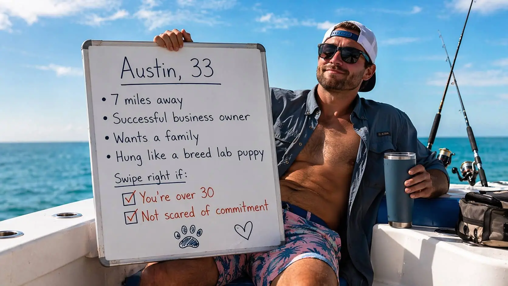 Man on a boat holding a whiteboard with a humorous Tinder profile description and checklist.