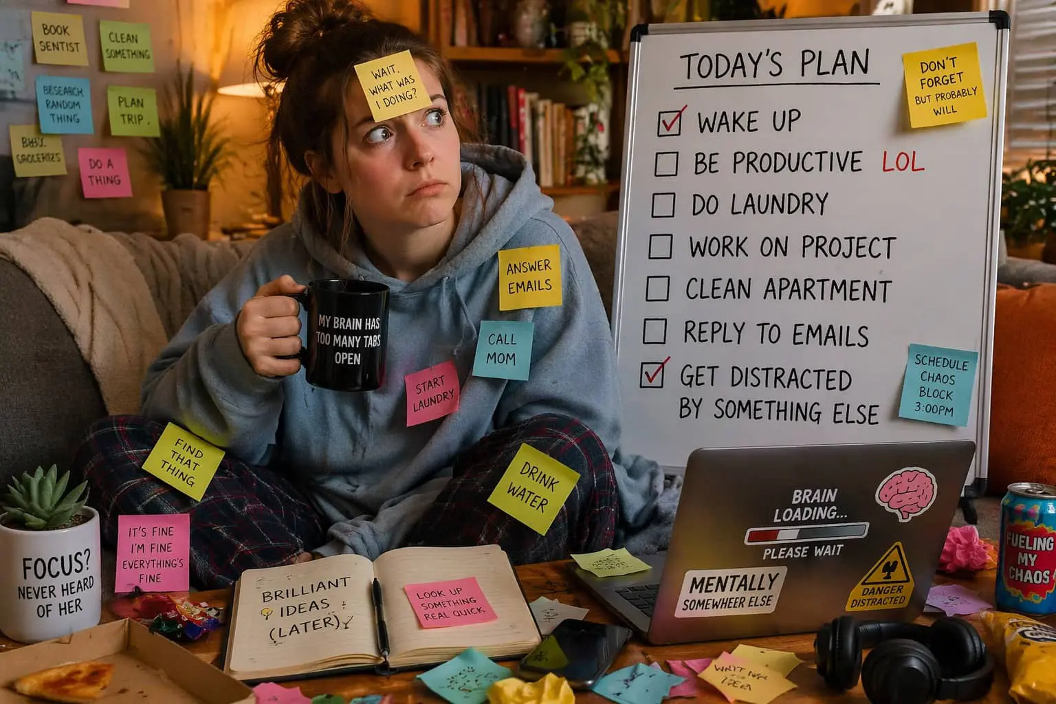 Woman covered in sticky notes with a chaotic to-do list and ADHD themed office decor.
