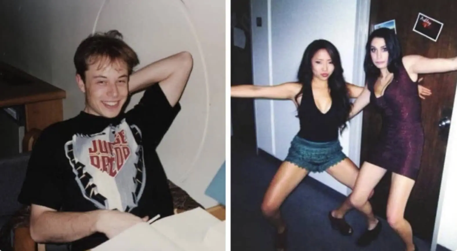 Young Elon Musk smiling in a vintage photo next to a photo of two women posing in a hallway.
