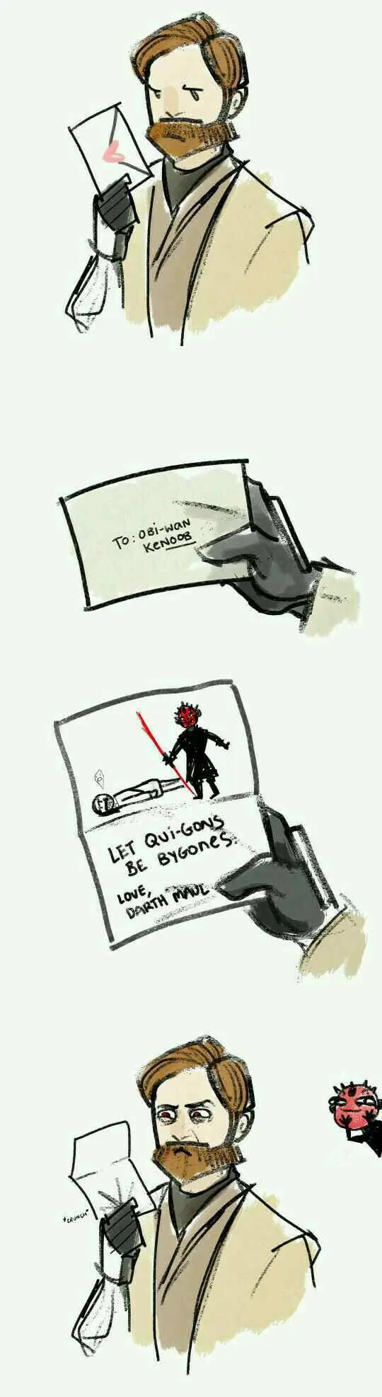 Darth Maul meme comic where Obi-Wan Kenobi receives a cruel greeting card. The front addresses him as "Obi-Wan Kenoob," and the inside features a crude drawing of Maul standing over Qui-Gon Jinn's body with the punny message: "LET QUI-GONS BE BYGONES. LOVE, DARTH MAUL."