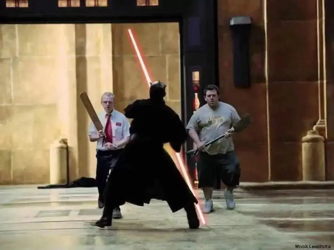 A brilliant crossover Darth Maul meme that places the characters of Shaun of the Dead into the Duel of the Fates. Darth Maul ignites his double-bladed lightsaber, but instead of facing Jedi, he’s up against Shaun and Ed armed with their trusty cricket bat and shovel.