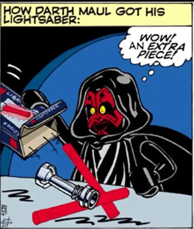 clever LEGO-themed Darth Maul meme showing a comic strip where a LEGO Maul opens a lightsaber set. He holds one hilt and two red blades, thinking to himself with a grin, "WOW! AN EXTRA PIECE!" as he accidentally invents the double-bladed lightsaber.