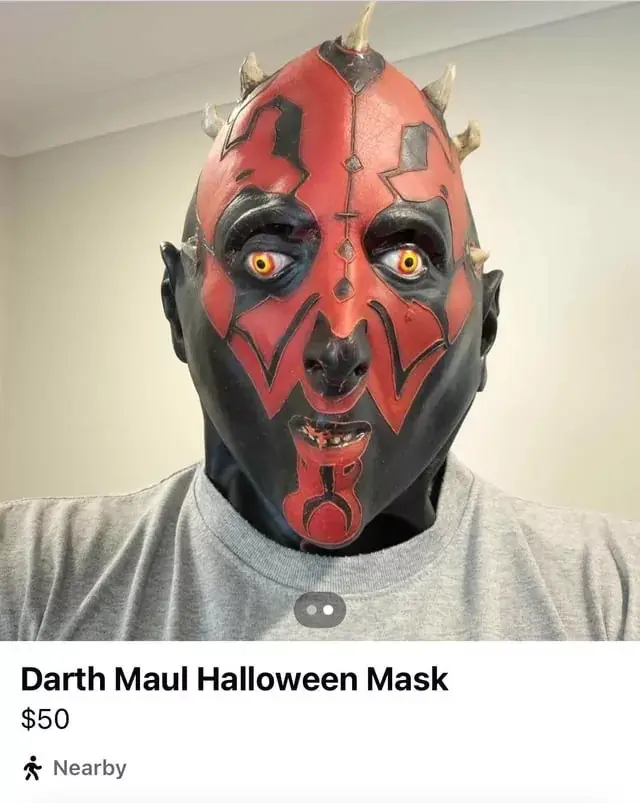 A "cursed image" Darth Maul meme featuring a screenshot of an online marketplace listing for a "$50 Darth Maul Halloween Mask." The mask is hilariously terrifying, with a distorted, lumpy red face and tiny, misplaced horns that look nothing like the movie character.
