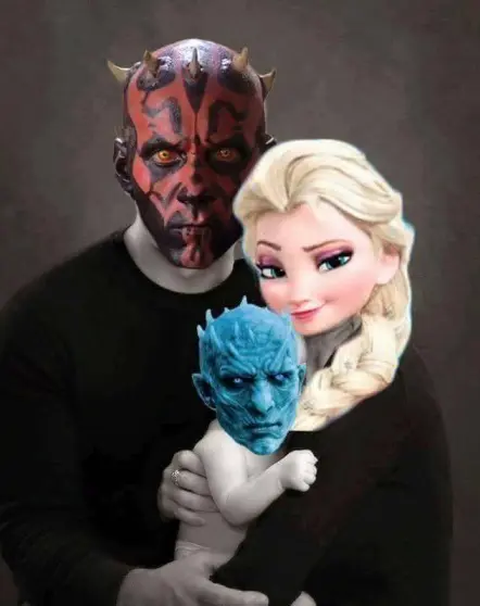 A surreal Darth Maul meme featuring a photoshopped "family portrait." Darth Maul is the father, Elsa from Frozen is the mother, and they are holding a baby with the face of the Night King from Game of Thrones, illustrating a very icy-hot lineage.