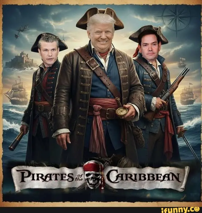 An AI-generated Pete Hegseth meme poster parodying "Pirates of the Caribbean." It features Donald Trump in the center as the captain, flanked by Pete Hegseth on the left and Marco Rubio on the right, all dressed in elaborate 18th-century pirate gear against a stormy backdrop of sailing ships.