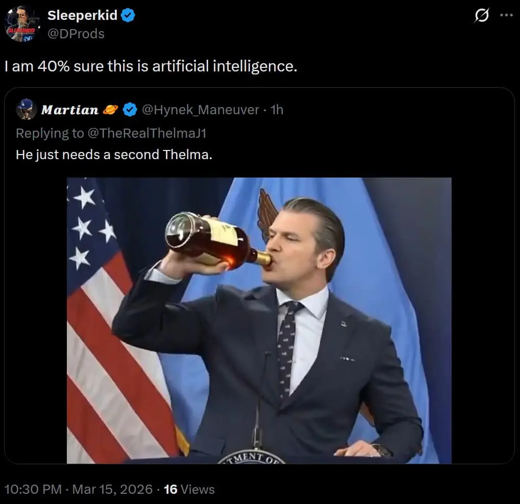 A suspicious Pete Hegseth meme featuring a photoshopped image of Hegseth chugging a large bottle of cognac at a Department of Defense podium. The user @DProds quips, "I am 40% sure this is artificial intelligence," playing on his reputation for public intoxication.