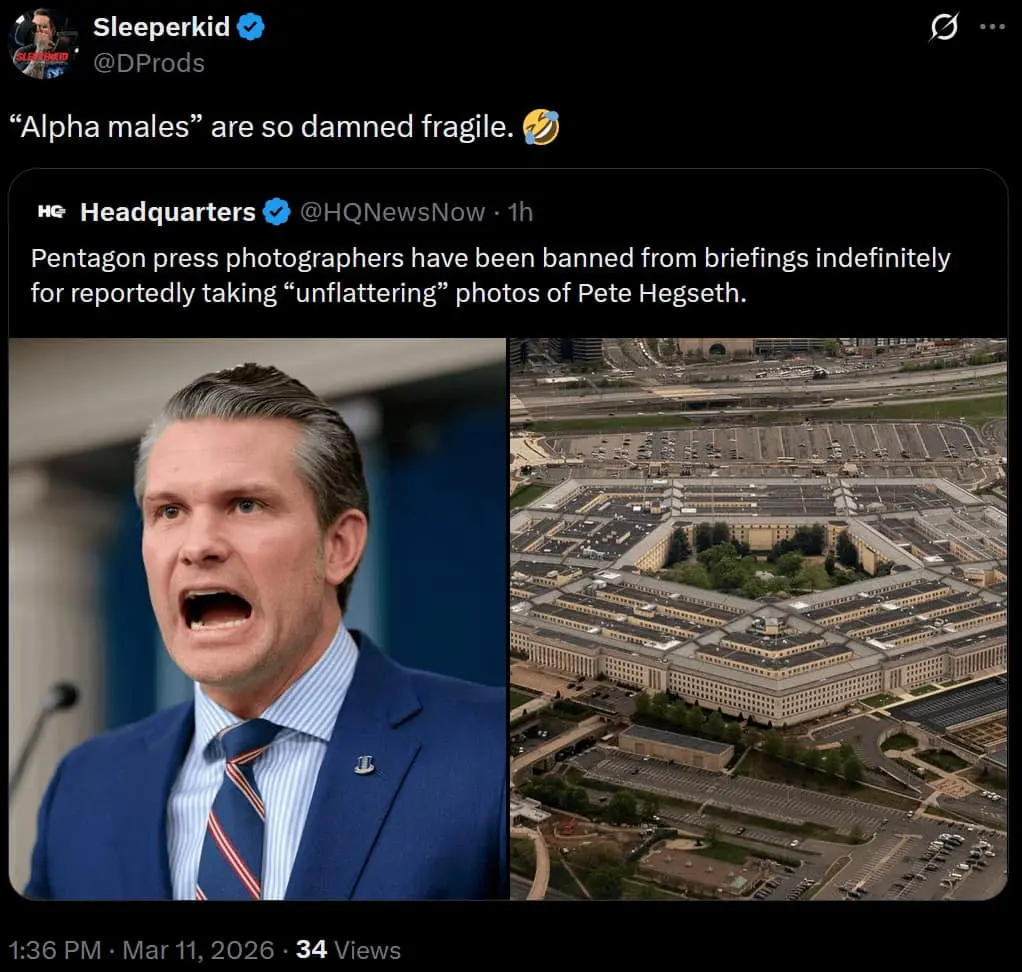 A social media screenshot mocking a reported Pentagon press ban. This Pete Hegseth meme pairs an "unflattering" photo of Hegseth shouting with a caption calling out the "fragility" of "Alpha males" after photographers were allegedly banned for their coverage.