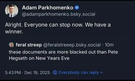 A text-based Pete Hegseth meme screenshot from BlueSky. The post delivers a sharp jab at government transparency, claiming that certain redacted documents are "more blacked out than Pete Hegseth on New Years Eve."