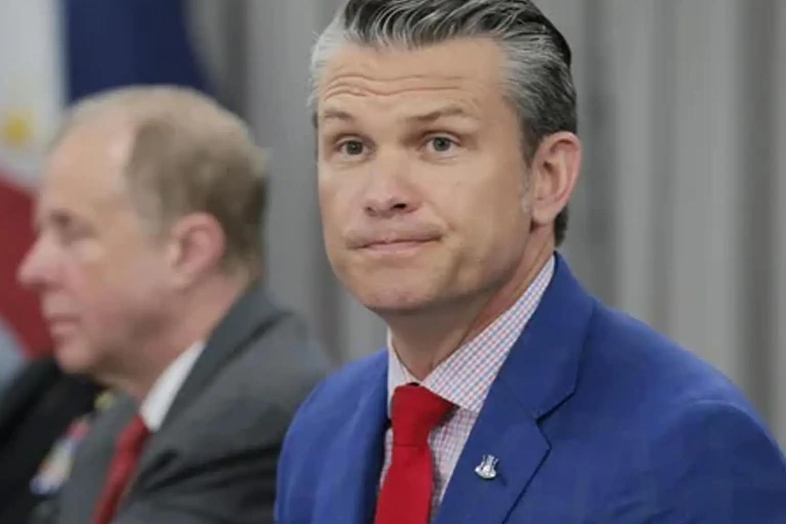 A gallery of Pete Hegseth memes featuring an AI-generated "Pirates of the Caribbean" poster with Trump and Hegseth, a "Hasbro" action figure of Hegseth passed out on the floor with beer cans, and a viral news banner reporting on the "Hegseth Fart Moment" during a war briefing.