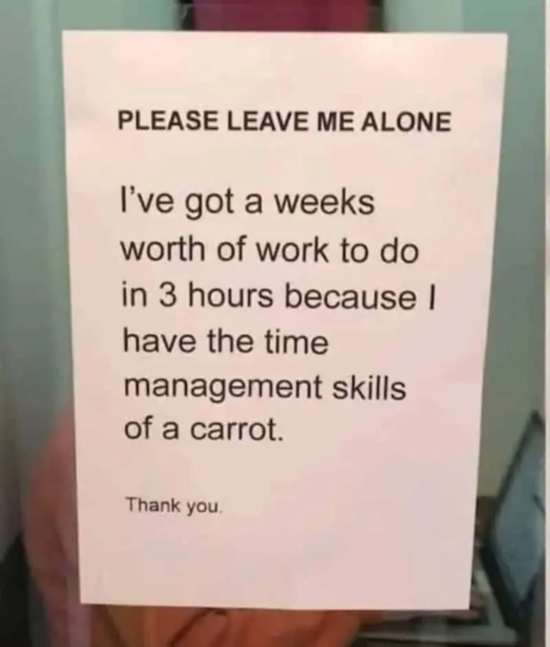 Handwritten sign reads please leave me alone I have time management skills of a carrot thank you