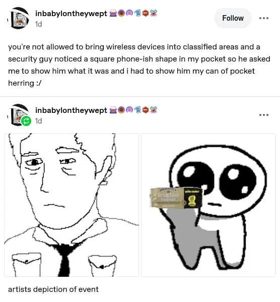 classic meme screenshot of a Tumblr post where a user recounts being stopped by security for a "phone-ish shape" in their pocket, only to reveal a can of Brunswick "pocket herring." The post features a crude "artist's depiction" of a sad security guard and a wide-eyed creature offering the fish.