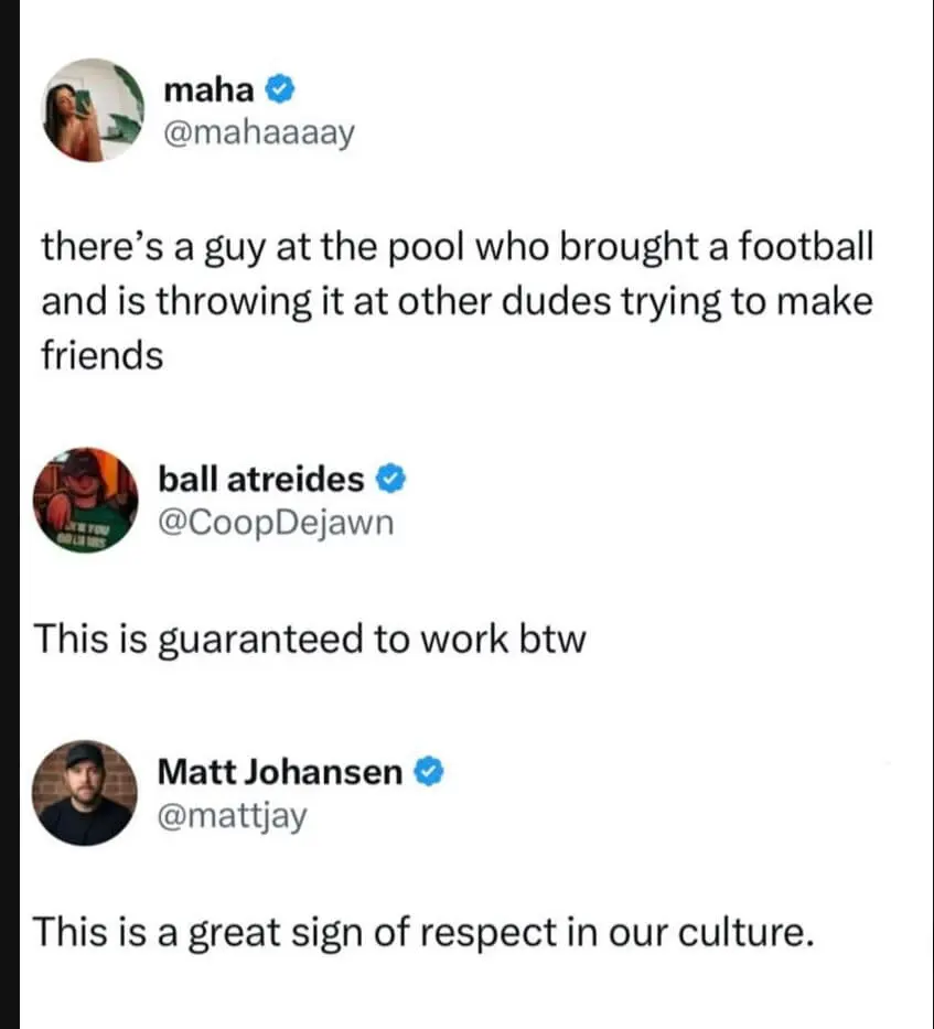 viral classic meme screenshot of a Twitter exchange explaining the simplicity of male bonding. One user describes a guy at a pool throwing a football at strangers to make friends, which others confirm is a "guaranteed" success and a "sign of respect in our culture."