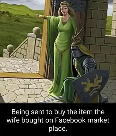 A fantasy-themed classic meme showing an illustration of a medieval knight kneeling before a noblewoman in a green gown who is pointing into the distance. The caption recontextualizes the quest as: "Being sent to buy the item the wife bought on Facebook market place."