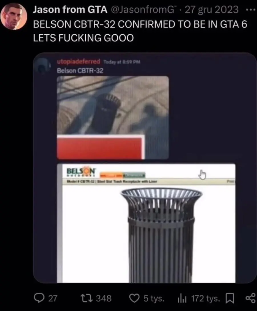 A niche-gaming classic meme tweet from a GTA fan account. It features a zoomed-in, blurry frame from a game trailer identifying a specific public trash can model, the "Belson CBTR-32," with intense, unironic excitement.