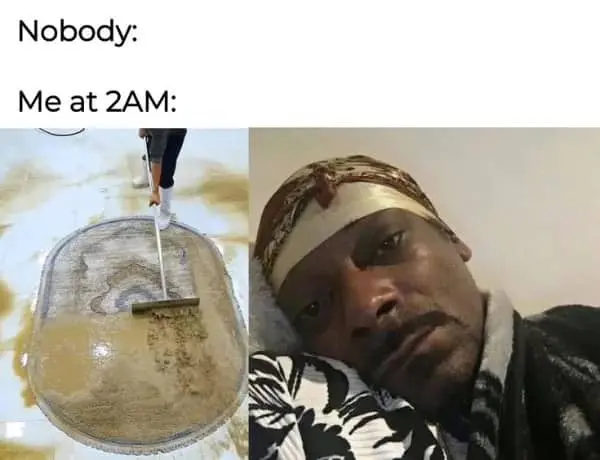 Split image showing deep rug cleaning and a tired person awake at 2 AM watching videos.