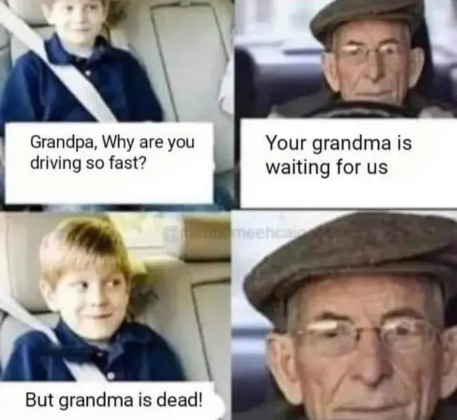 Four-panel comic of a grandfather driving fast to see a deceased grandmother, implying a car crash.