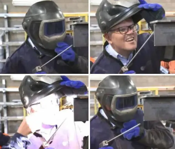 A legendary funny osha violation picture sequence featuring an Australian politician flipping up his welding helmet to stare directly at the blinding electric arc with his bare eyes, effectively blinding himself before flipping the protective mask back down.